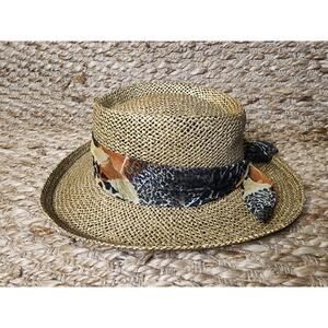 Ladies Brown Paper Straw Hat with Animal Print Scarf Safari Travel One Size